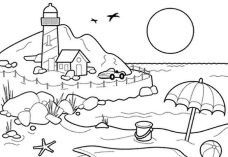 Gambar Sketsa Pantai dengan Menara Laut
