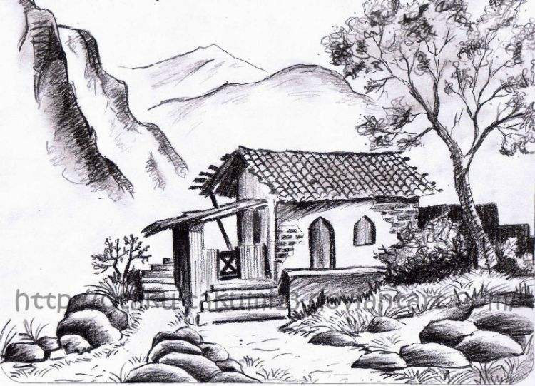 Sketsa Rumah Sederhana di Perbukitan