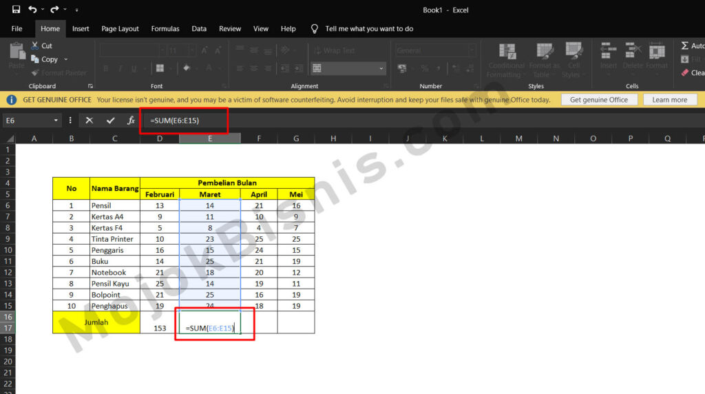 Menjumlah Data di Excel Menggunakan Rumus SUM