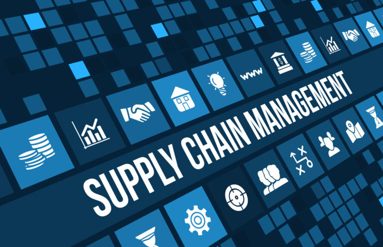 Supply chain management concept image with business icons and copyspace.